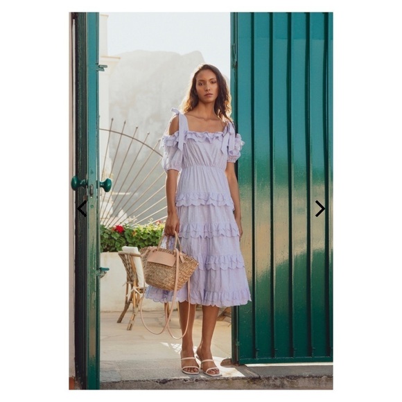 NWT BY MALINA Edda Tiered Ruffle Off the Shoulder Midi Dress Azure Blue Small - Picture 2 of 13